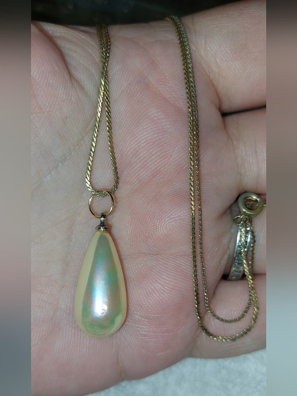 Upcycled Goldtone Teardrop Opalescent Pendant Necklace - Women Jewelry